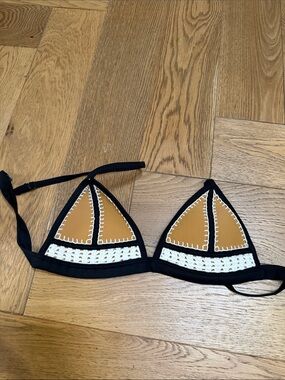 triangl swimwear Black and Tan Crochet Triangle Bikini Top